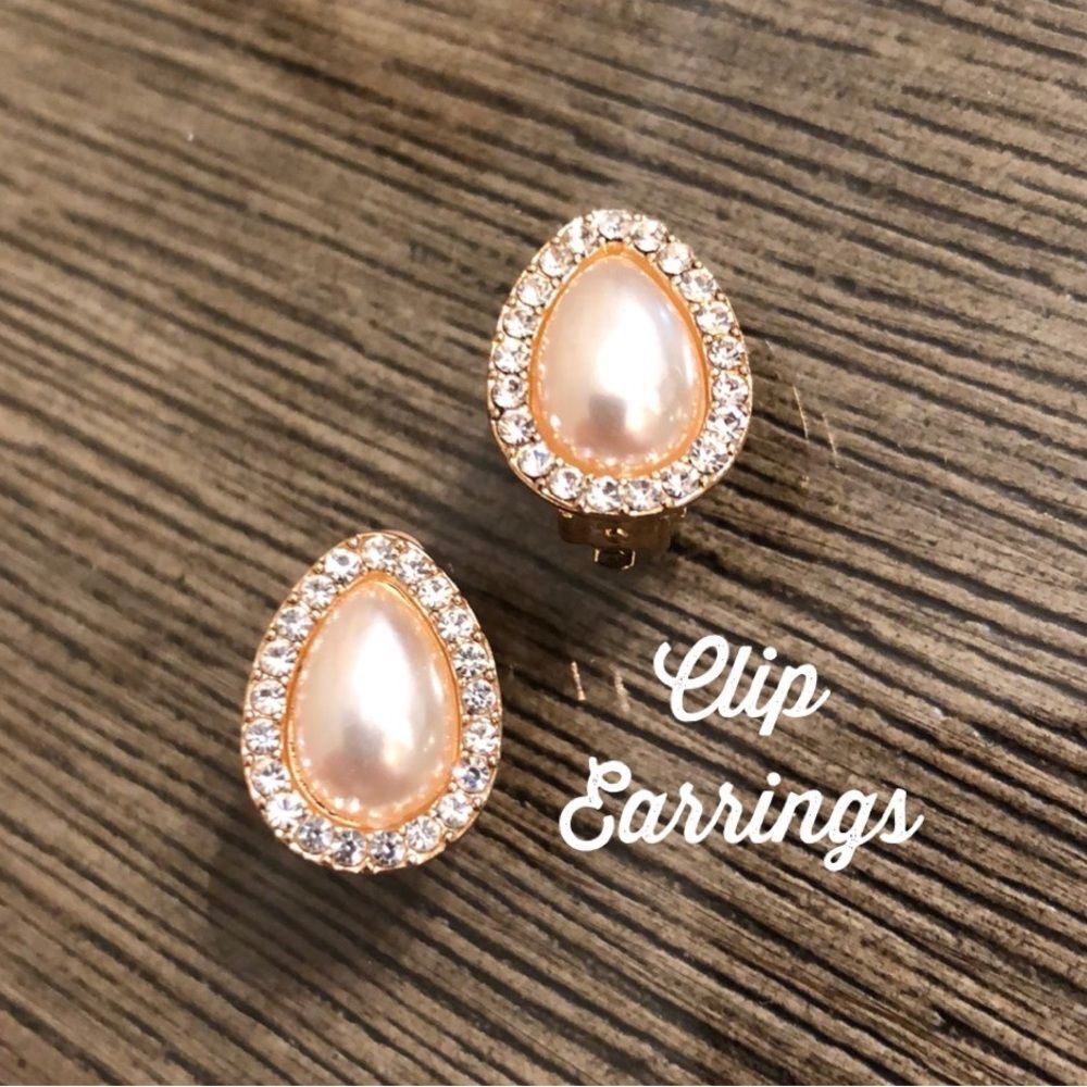 Vintage Tear Drop Pave Pearl Clip Earrings
